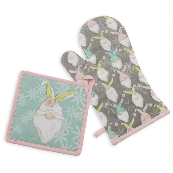 🟣 Bunny Gnome Oven Mitt and Pot Holder NWT Gray, Pastel Pink and Pastel Green - Picture 1 of 5